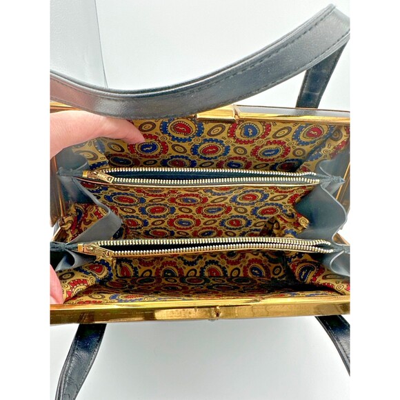 Vintage Best Black Structured Handbag Gold Frame Talon Zippers Mid Century - Picture 9 of 12